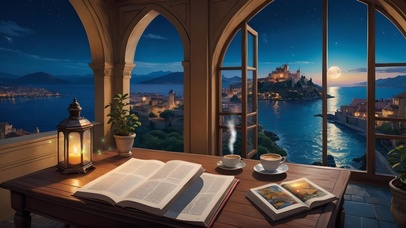 夜晚窗外的海边小镇