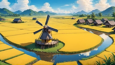 金色稻田中的风车小屋