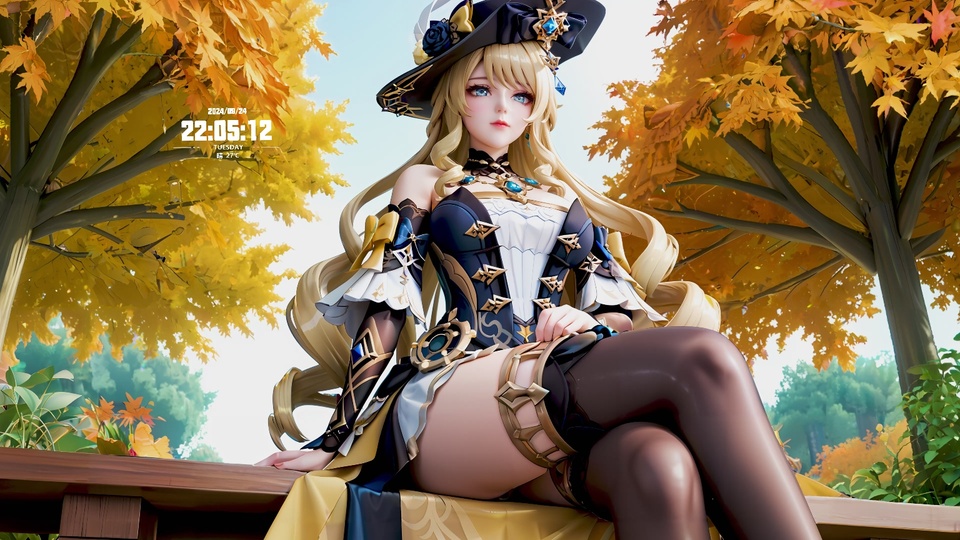 身着藏蓝白礼服、头戴带蓝宝石黑色宽檐帽的娜维娅，站立在飘满金黄枫叶的秋日枫树林中，身旁摆放着木质长椅。