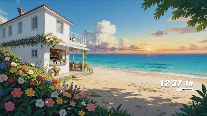 夕阳海景房屋树木