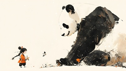 水墨风女孩与熊猫