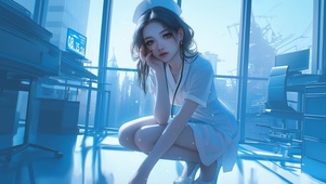 蹲在地上的美女护士之盗心
