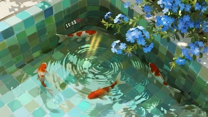 池塘一角绣球花