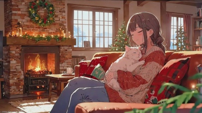 壁炉前的少女和猫