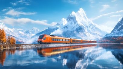 雪山湖畔的橙色列车