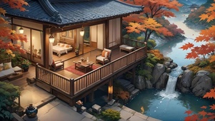秋天河边小屋
