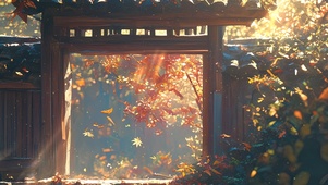 秋季阳光下的古朴木门