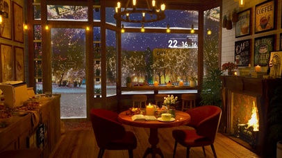 唯美雪天壁炉饮品店