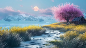 月色湖边樱花树