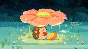 花朵下躲雨小刺猬