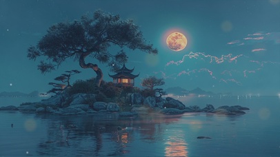 古风山水亭子夜景夜晚月色赏月