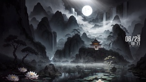 月夜山水古亭