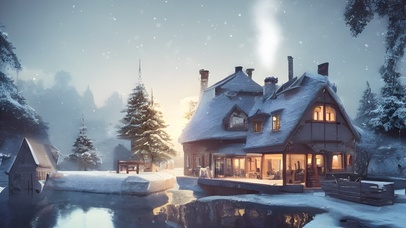 冬日湖边温馨小屋