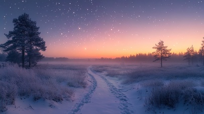 冬日夜空积雪草原