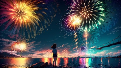 在湖边看烟花的女孩