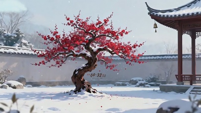 冬日下雪梅花庭院