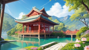 湖边的荷花古风建筑
