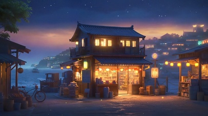 夜晚海边杂货铺