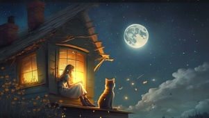 看流星雨的少女和猫