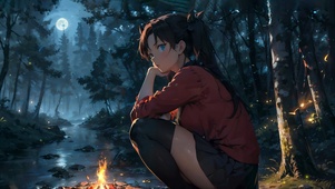 森林小溪少女