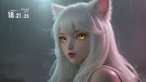 雨中白发狐耳少女