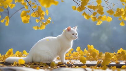 银杏树下的白猫