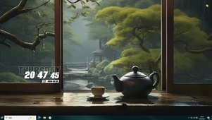 古风雨天绿景茶座桌面主题
