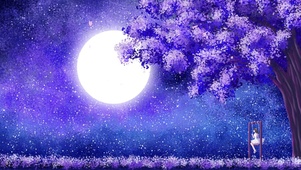熏衣草花海中秋千女孩的唯美星空