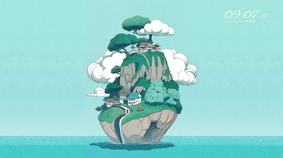 海中依偎棉花云的鹅卵石岛