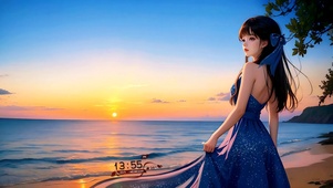 4K海边欣赏夕阳的优雅少女