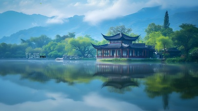 清新白云森林湖水