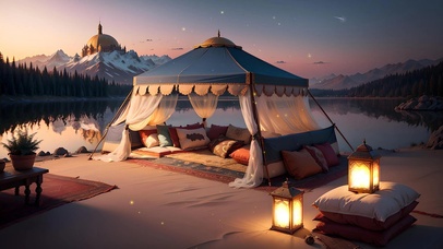 傍晚湖边波西米亚风帐篷