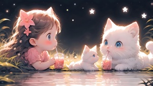 少女猫咪喝饮料