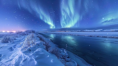 唯美极光下的雪原河道