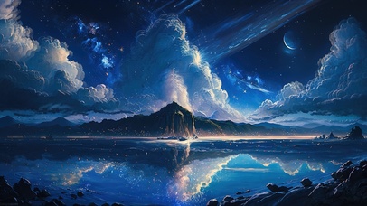 4K唯美治愈动漫夜空湖景