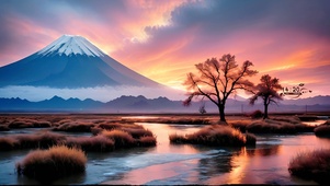 夕暮下的雪山湿地