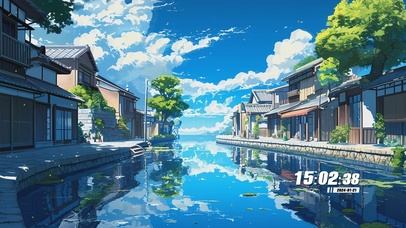 蓝天白云树木河流景色