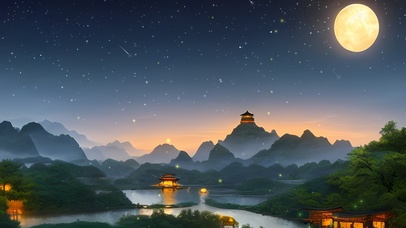 夜晚湖边古风建筑