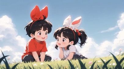 草地上男孩女孩（可做情侣壁纸）