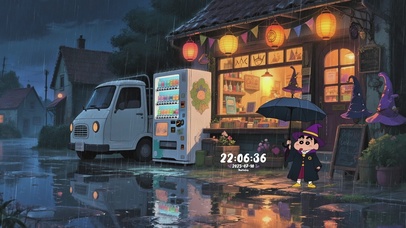 雨夜在魔法屋前躲雨的蜡笔小新