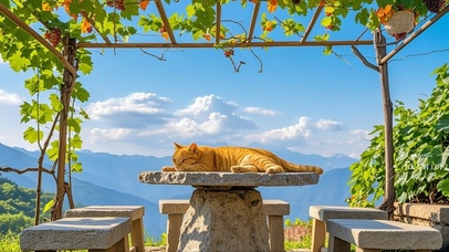 葡萄架下睡觉的橘猫