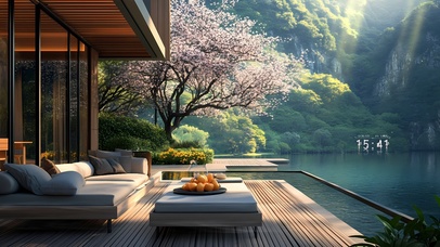 湖泊樱花庭院