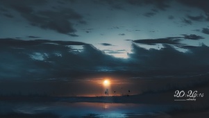 夕阳湖景夜空
