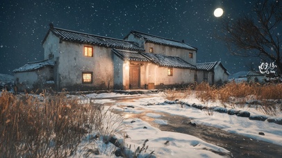 溪边风雪夜小屋