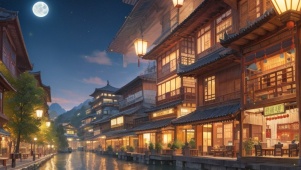 夜晚河边古风水街