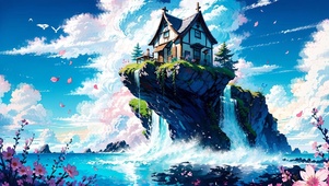 瀑布小岛上的小屋