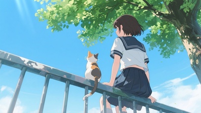 树下的猫咪与少女