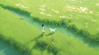 草坪上的少女和爱犬