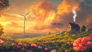 落日云霞山坡小屋	