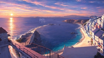 4K唯美梦幻落日晚霞海景小镇